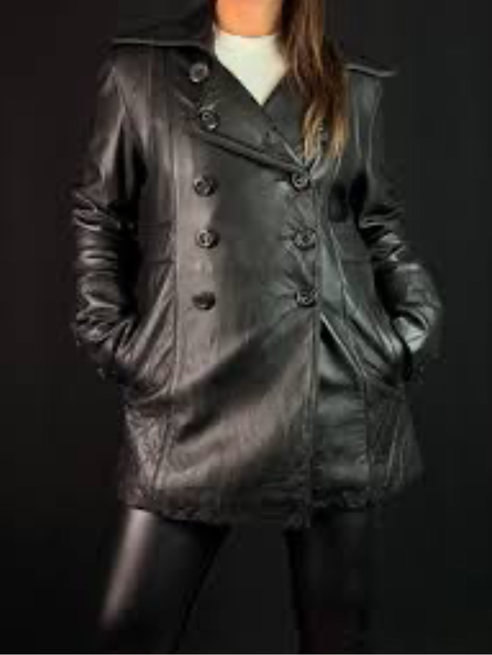 Women's Black Leather Double-Breasted Trench Coat
